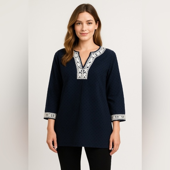 Coral Bay Tops - 🌺 Coral Bay Navy Embroidered Tunic Top – Women’s M – Boho Peasant Style